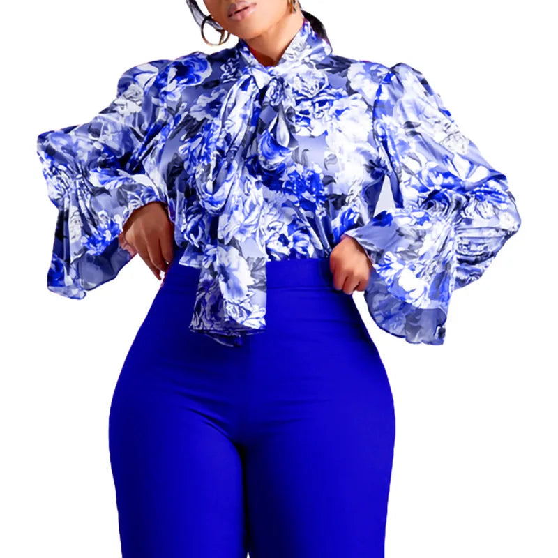 D342 New Arrival Fashionable Slim Style Womens Blouses & Shirts Printed Tie up Blouses Elegant Women African Shirts for Women