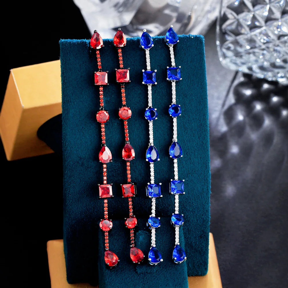 Charming Blue Cubic Zirconia Fancy Super Long Geometric Dangle Drop Earrings for Women Girls New Trendy Party CZ Jewelry