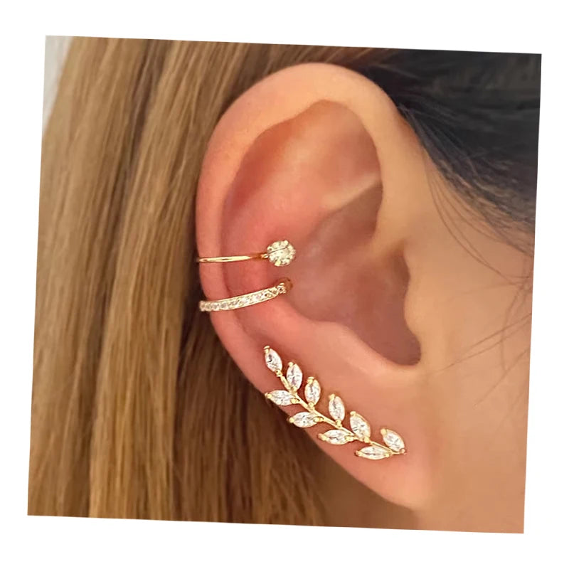VKME Hot Selling New Fashion Leaf Crystal Earrings Fashion 18K Gold Plated Ear Clips for Women Jewelry
