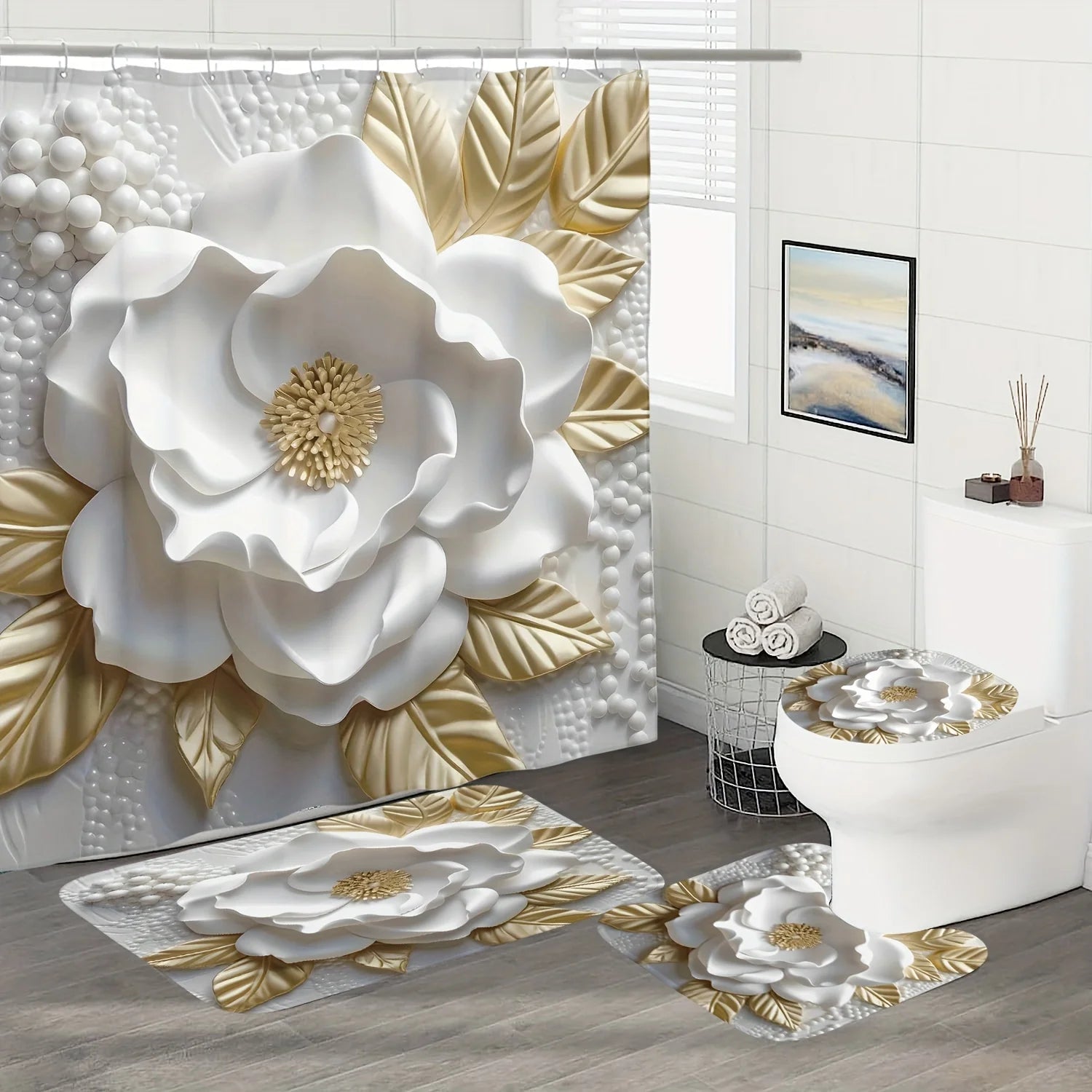 Floral Pattern Waterproof Shower Curtain With Non-Slip Bathroom Rug Shower Curtain Sets for Bathrooms