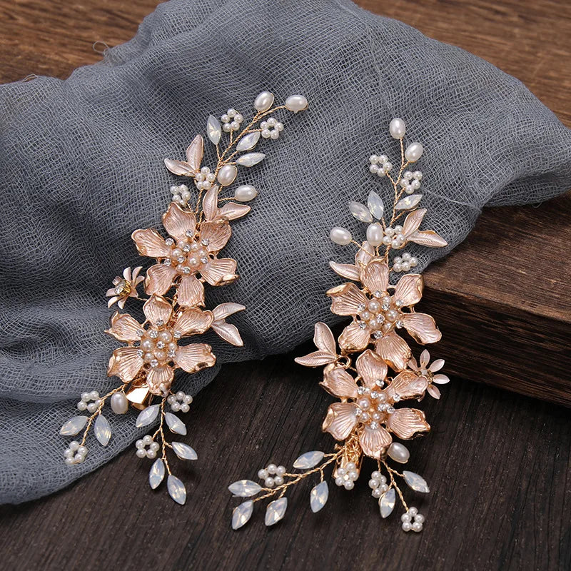Miallo Bridal Headband Alloy Leaf Flower Handmade Hair Pin Hair Clip Wedding Hair Accessories Rhinestone Pearl Jewelry
