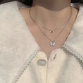 SC New KoreanTemperament Charm Necklace  Double Layer Choker Necklace Shiny Zircon Butterfly Necklace for Women