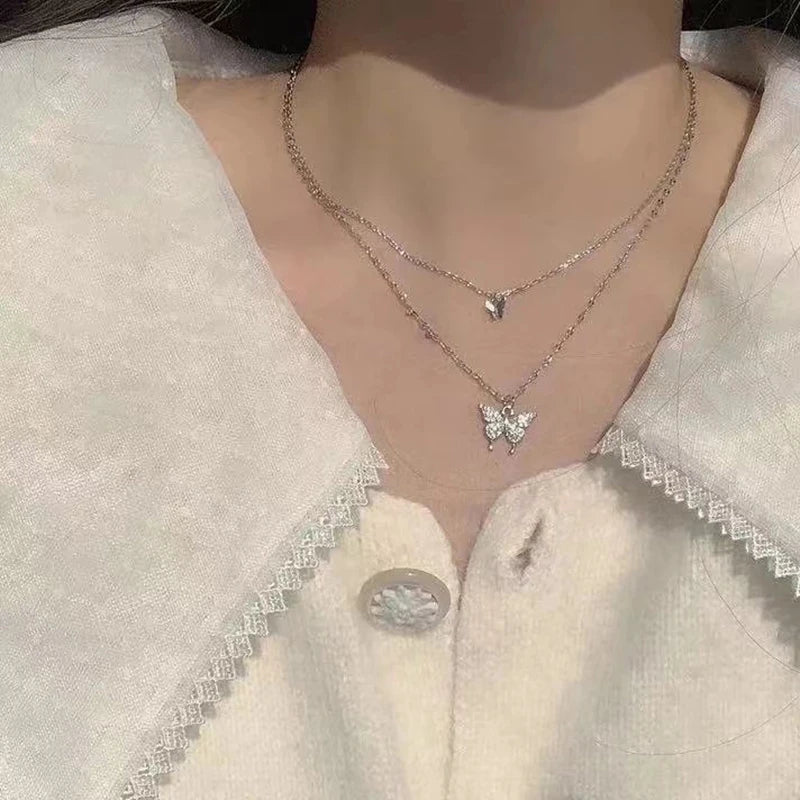 SC New KoreanTemperament Charm Necklace  Double Layer Choker Necklace Shiny Zircon Butterfly Necklace for Women