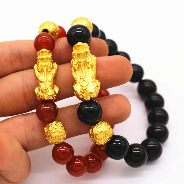 Couple Models Gold Plated Brave Bracelet Men and Women Obsidian Red Agate Passepartout Transfer Gold Plated Bead Bracelet