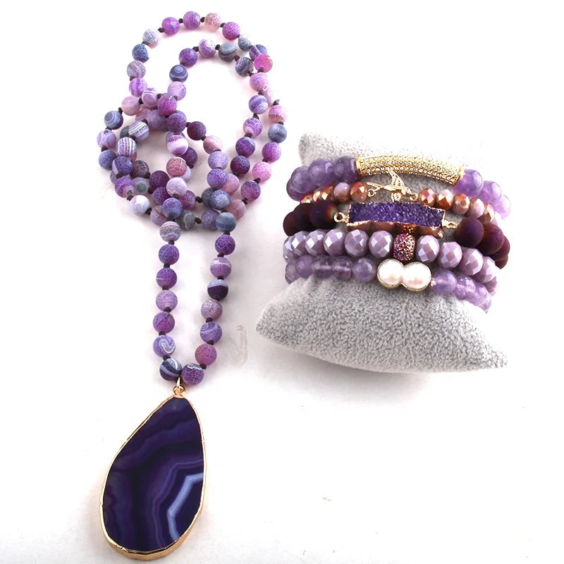 Women Jewelry Set 8mm Weathered Purple  Beaded Drop Stone Pendant Necklace Pearl Druzy Bracelet Stack Sets