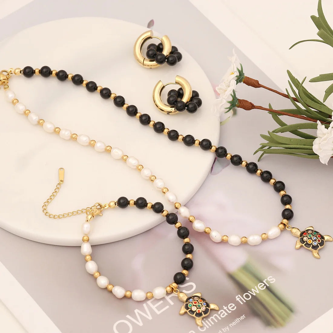 Fine Jewelry Natural Agate Gemstone and Freshwater Pearls Necklace Earrings Bracelet Set with Trendy Sea Turtle Pendant Jewelry