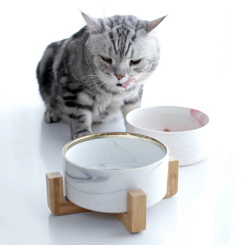 ZMaker Ceramic Bowl With Wooden Frame Pet Dog Cat Ceramic Food Drinking Feeder Bowl