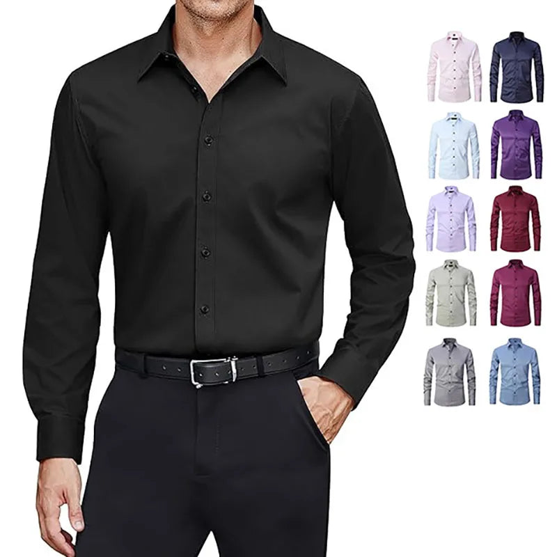 RNSHANGER Spring Men's Social Shirt Solid Color Business Dress Shirts Male Long Sleeve Casual Formal Elegant Shirt Blouses Tops