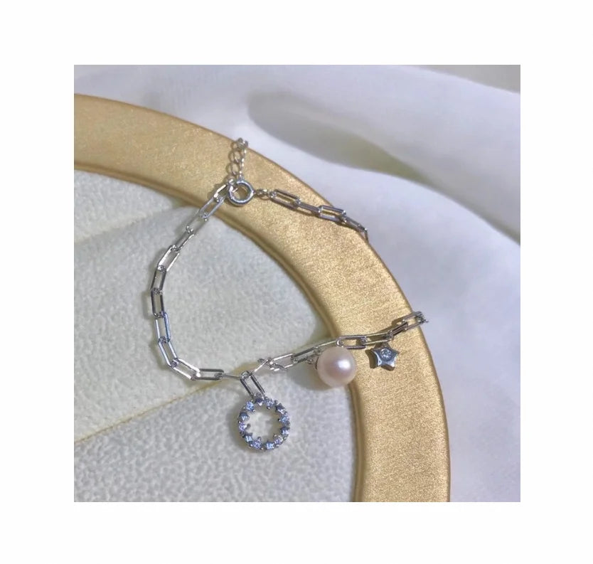 B210 7-8mm 925 Sterling Silver Gold Plated Wholesale Freshwater Pearl Charm Bracelet Mounting Fancy Jewelry for Women