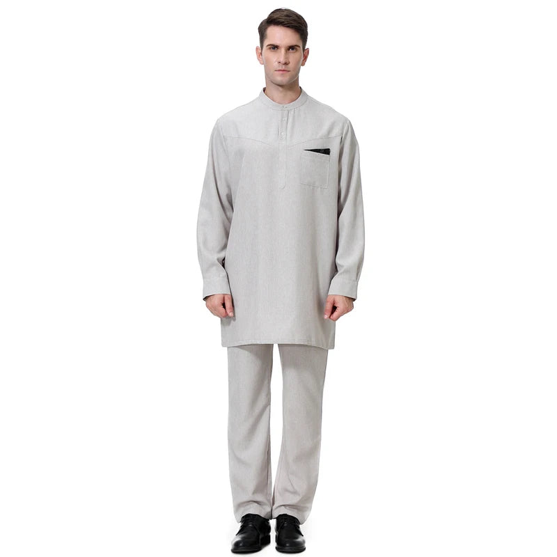 Men 2 Piece Set Thobe Suit Top Pants Islamic Clothing Robe Abaya Saudi Arab Muslim Men Thobe Thawb Caftan Suit