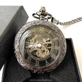 Big Glass Antique Black Mechanical Watches Hand Winding Retro Flower Roman Pocket Watches