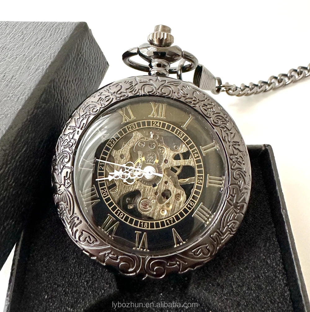 Big Glass Antique Black Mechanical Watches Hand Winding Retro Flower Roman Pocket Watches