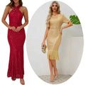 Womens Sequined Long Prom Party Dresses Sparkle Halterneck Birthday Gown Fringe Skirt Vintage Clothing Glitter Dress