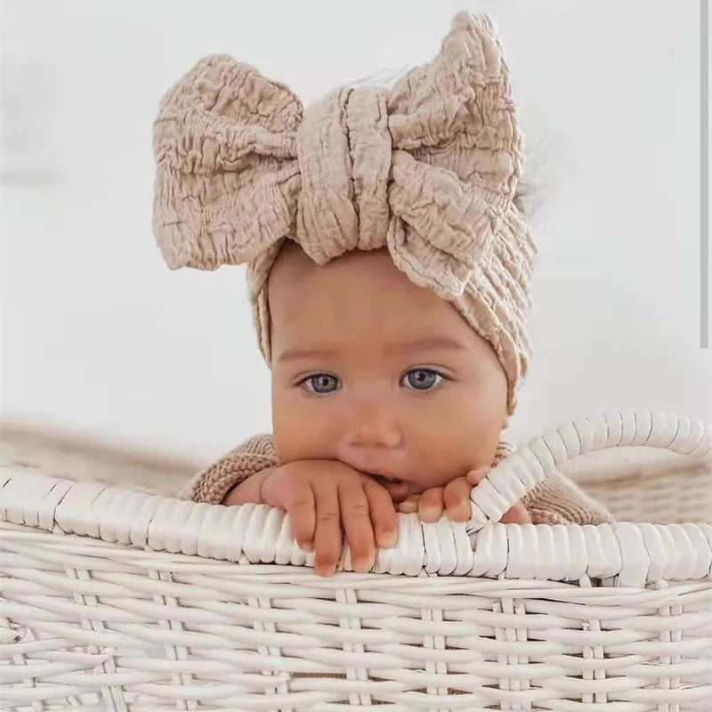 Custom Large Thick Big Bow Winkled Double Layer Kids Wide Nylon Elastic Girls Hair Accessories Headband