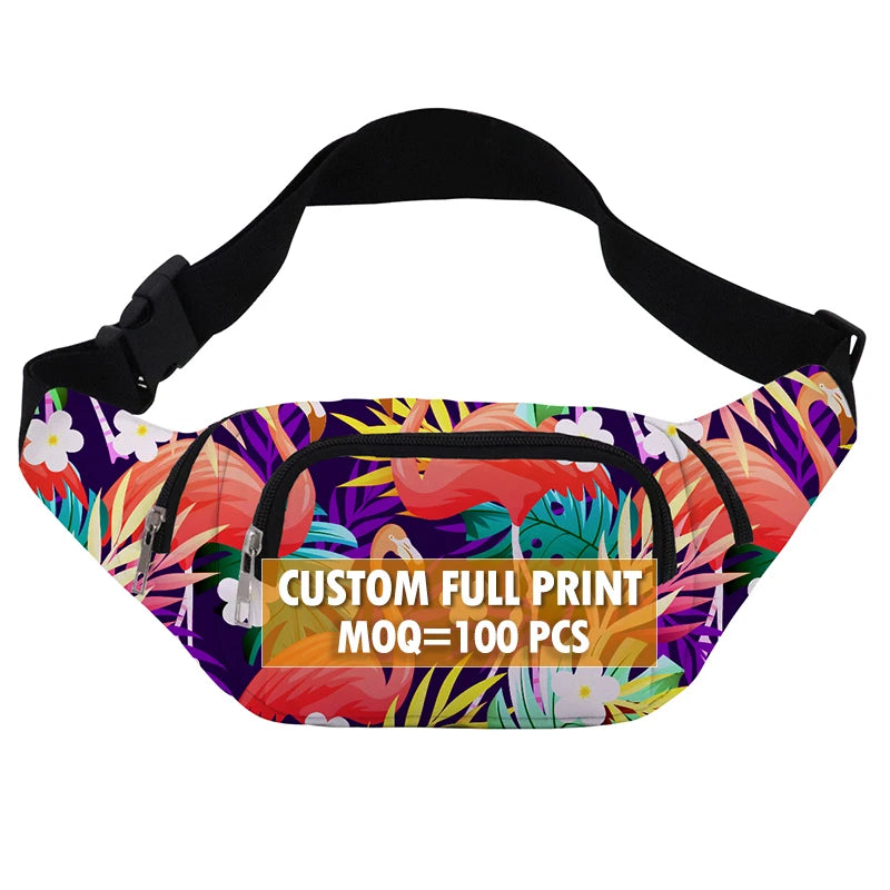 Customized Full Printed 3-zipper Pouch Men Belly Belt Bag Fanny Packs Custom Waist Packs Chest Bags for Women