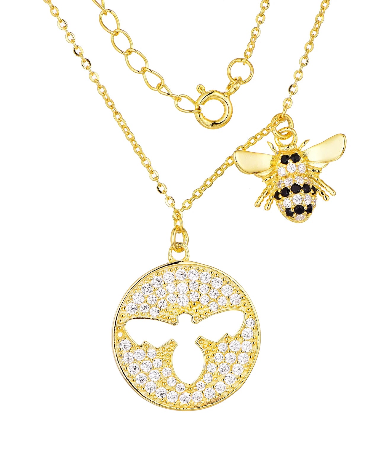 QX CUSTOM OEM Women 18K Gold Plated 925 Sterling Silver Bee Charms Zircon Gemstone Necklaces