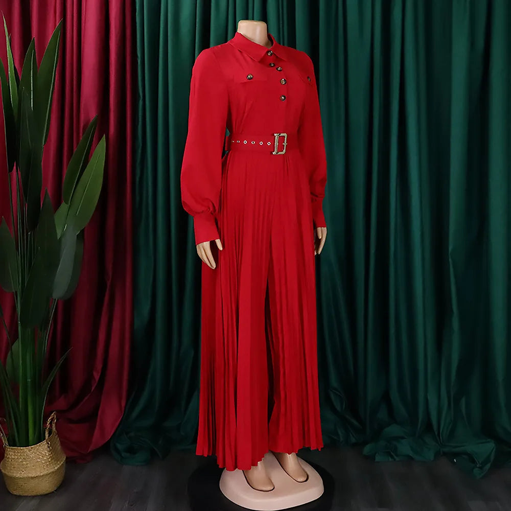 Fashion Design Winter Jumpsuit Women Loose Pleated Wide Leg Jumpsuits Elegant Office Ladies Long Sleeve Jumpsuit With Belt