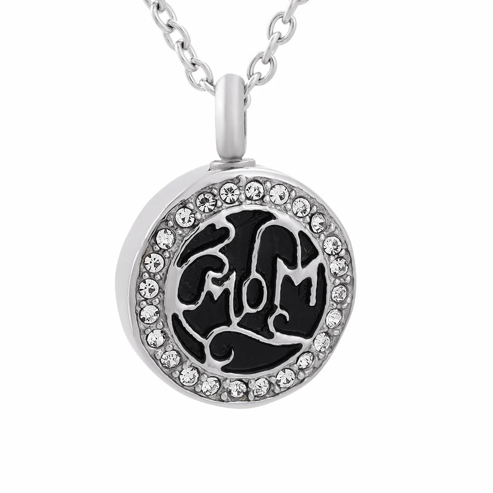 Vintage Crystal MOM Cremation Ashes Pendant Keepsake Mom Jewelry Stainless Steel Silver Plated Urn Necklace Memento Locket