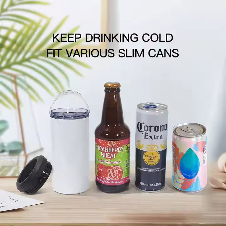 Factory 16oz Can Cooler 4 in 1 Sublimation Blanks Holder Glossy Stainless Steel Tumbler Two Lids Cup for Beer Drinks Office
