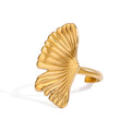 INS Trendy Adjustable 18K Gold Plated Stainless Steel Ginkgo Leaf Open Ring Waterproof Statement Jewelry for Women's Engagement