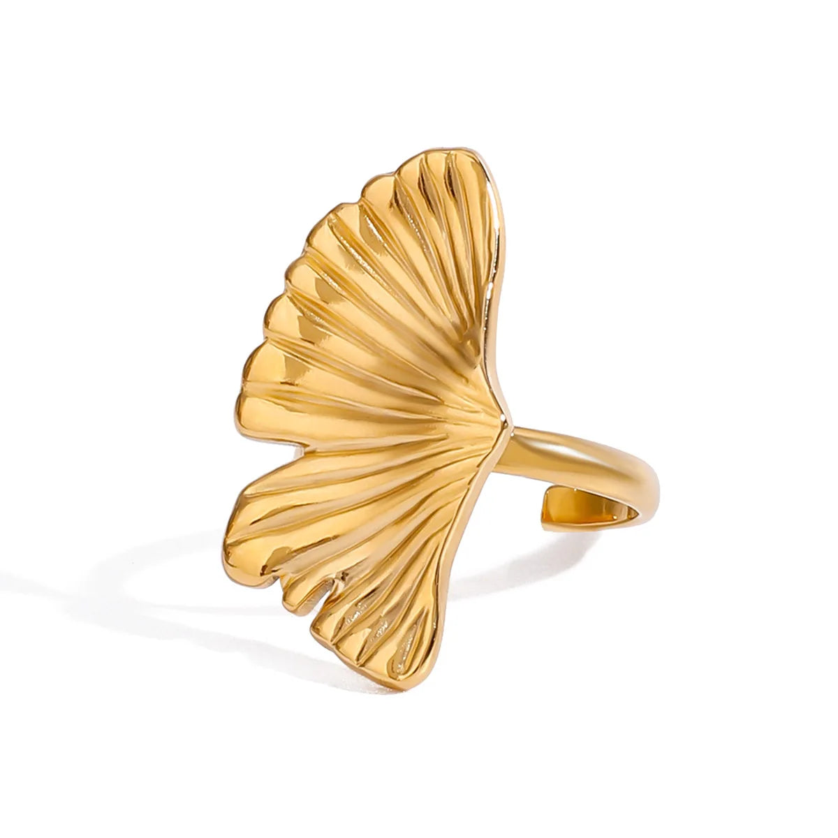 INS Trendy Adjustable 18K Gold Plated Stainless Steel Ginkgo Leaf Open Ring Waterproof Statement Jewelry for Women's Engagement