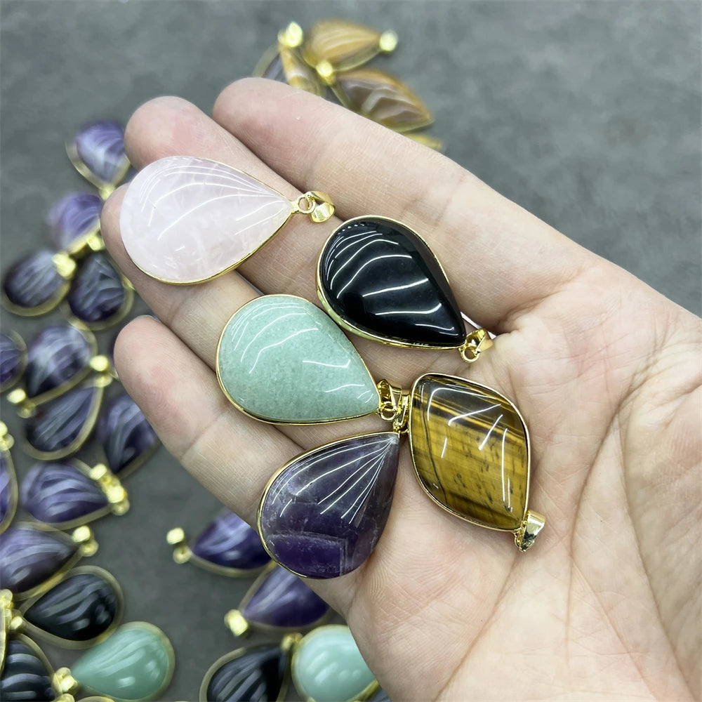 Factory Direct Sale Bezel Charm Crystal Irregular Rose Quartz Pendants Teardrop Amethyst Black Obsidian Gemstone Jewelry Diy