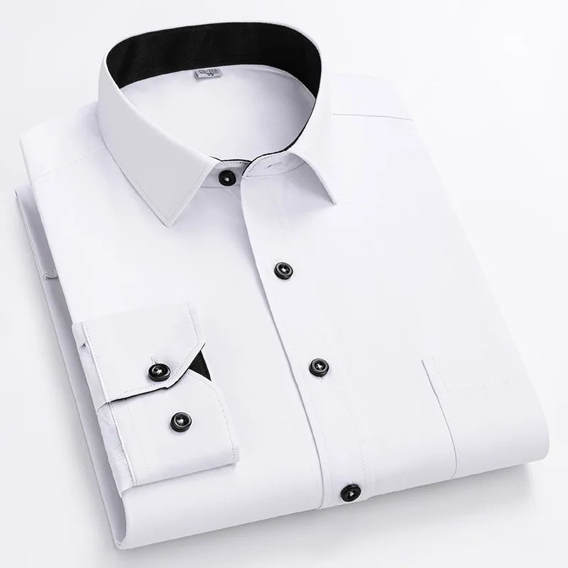 RNSHANGER Men Formal Shirt Long Sleeve Office Solid Color Striped Anti-Wrinkle Non-ironing Fashion Business Pocket Social Shirt