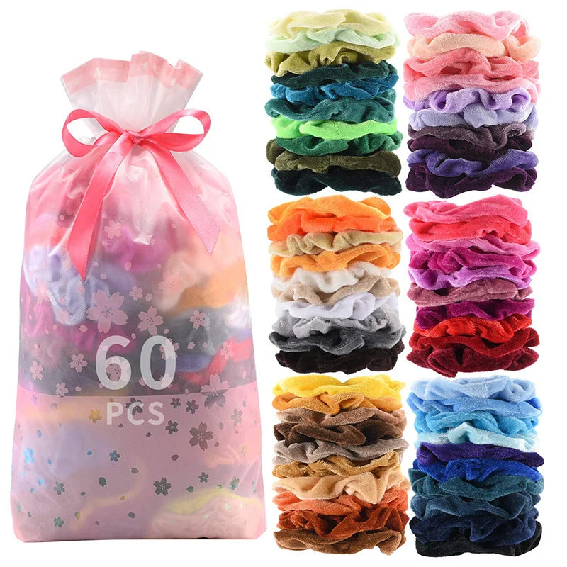 Fashion  Hair Factory 60pk Velvet Hair Tie Scrunchies Fashion Women Big Size Hair Elastics Ponytail Holder Scrunchies