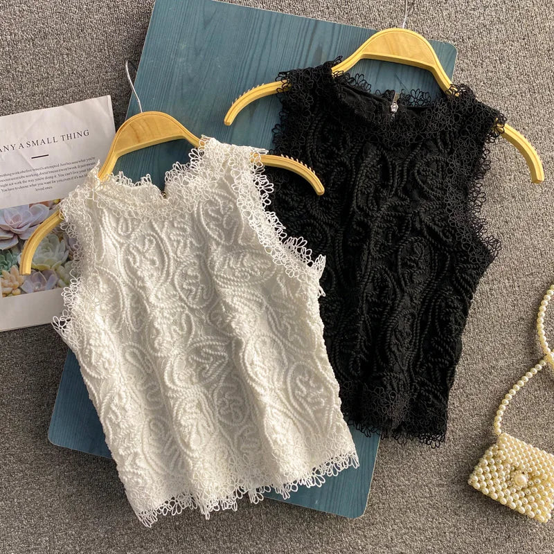 Wholesale 2026 Spring and Summer Fashion Casual Sleeveless Hollow Lace Shirt Round Neck Back Zipper Short Ladies Vest