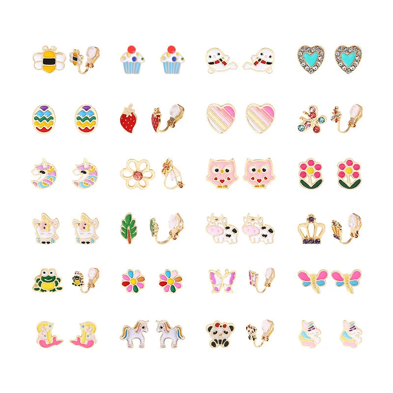 Hot 24 Pairs/Set Daisy Heart Kids Earrings South Korean Girl Fashion Flower Animal Children Clip-on Earrings