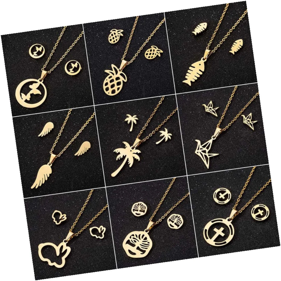 DAIHE Fashion Non Tarnish 18K Gold Plated Heart Moon Butterfly Pendant Earring Necklace Stainless Steel Jewelry Set for Women