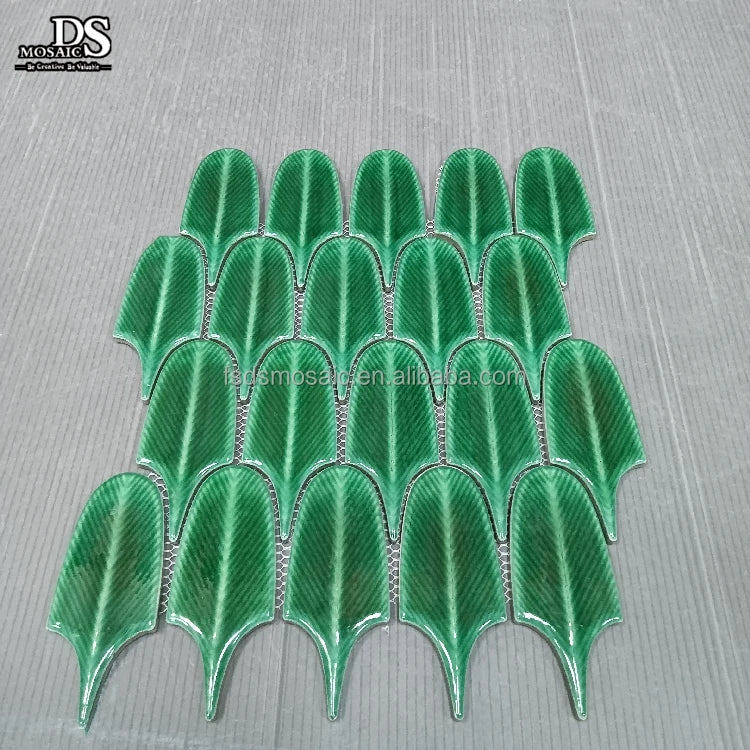 3D Wall Mosaic Tiles for Out Side Green Leaf Shape Premium Glazed 3d Relief Pattern Porcelain Mosaic Ceramic Mosaic Art Tiles