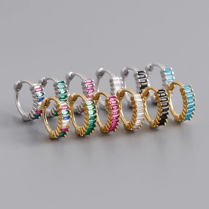 925 Sterling Silver Women's Jewelry Square Zircon Fitted Earrings with Gold Plated European Style Hoops Trendy for Weddings