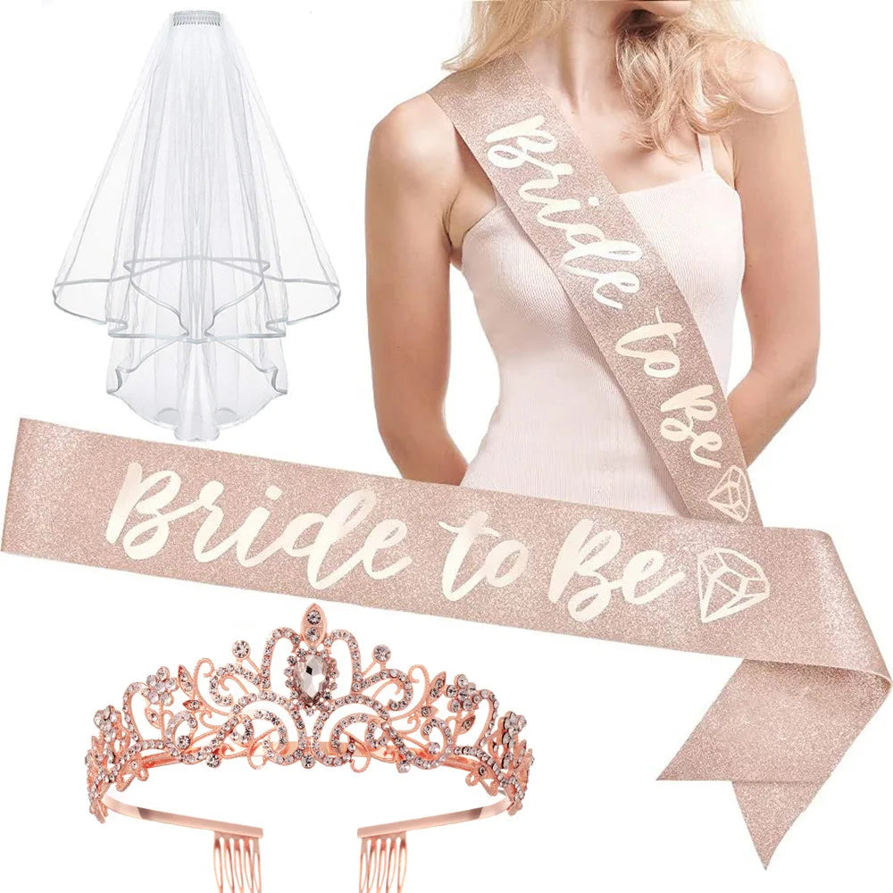 Rose Gold Crystal Tiara Silver Headband Crown Be Sash Bride Bachelorette Party Glitter Engagement Gifts for New Year Bridal