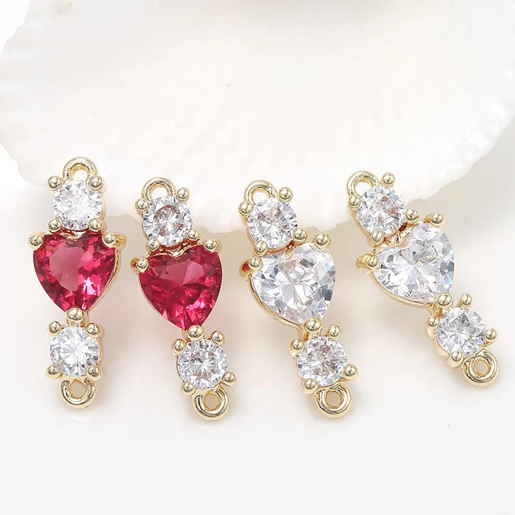 Factory Wholesale Inlaid Red or White Zircon Pendant 14K Gold Plated Heart Shape Double Hanging Charm for Diy Jewelry Making