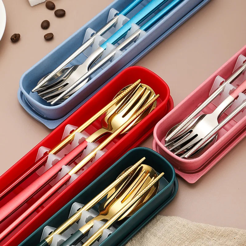 Portable Travel Cutlery Set Stainless Steel 18/8 Fork Spoon Chopsticks Camping Flatware Set