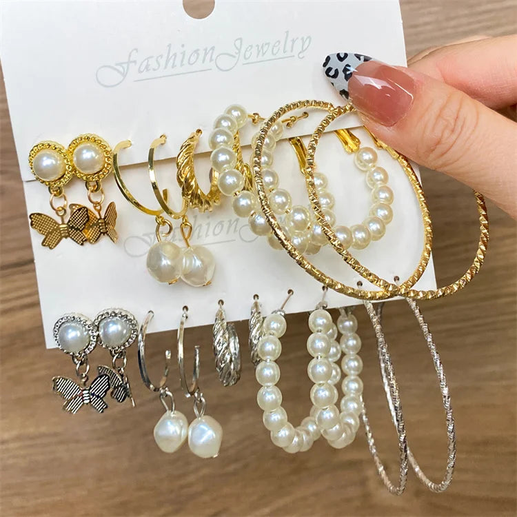 VKME Women's Fashion Stud Earring Set Gold Silver Plated Geometric Crystal Heart Triangle Star Moon Big Circle for Weddings