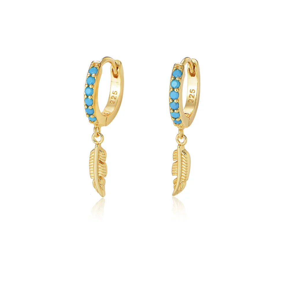 Wish Jewelry Trend Gold Silver Round Hoop Feather Pendant Earrings S925 Sterling Silver Turquoise Feather Drop Earrings