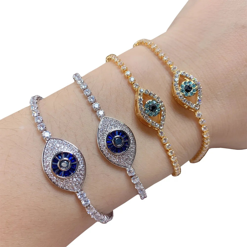 Zirconia Evil Eye Charm Adjustable Cuff Bracelet Women Alloy Gold Plated Jewelry