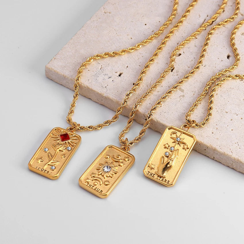 New Design Sun and Star Necklaces Jewelry 18K Gold Plated Stainless Steel Twisted Rope Chain Rose Pendant Necklaces