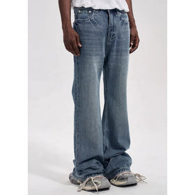 Custom Label Drop Ship Stock Street Wear Stock Men Blue Stacked Flared Denim Jeans