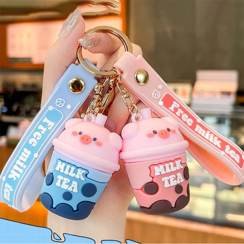 Cute Cartoon Pink Pig Keychain 3D Soft Rubber Little Pig Milk Tea Key Chain