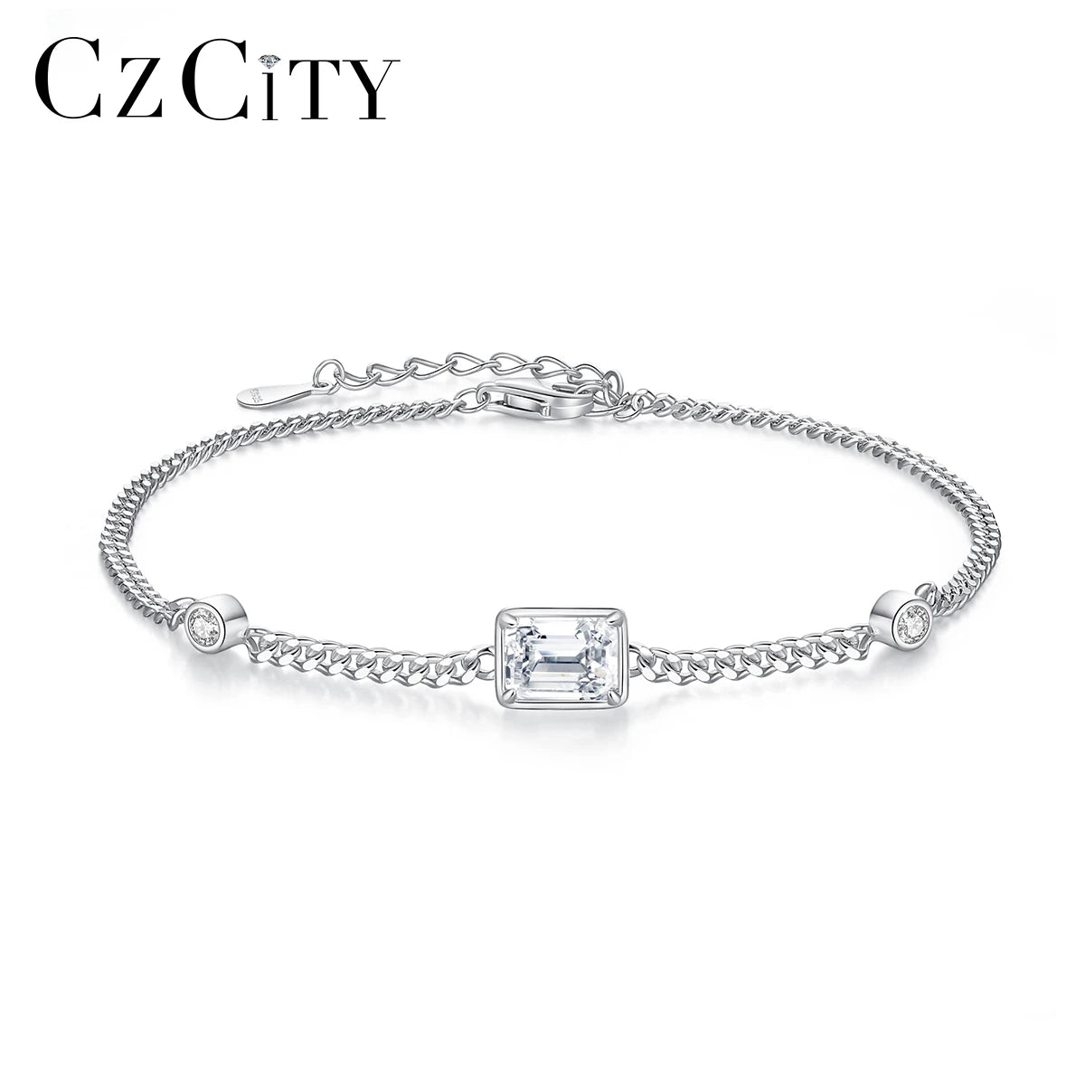 CZCITY Sterling Silver Bracelet Fashion Chain Woman VVS Diamond Designer Luxury Emerald Cut Moissanite Bracelets