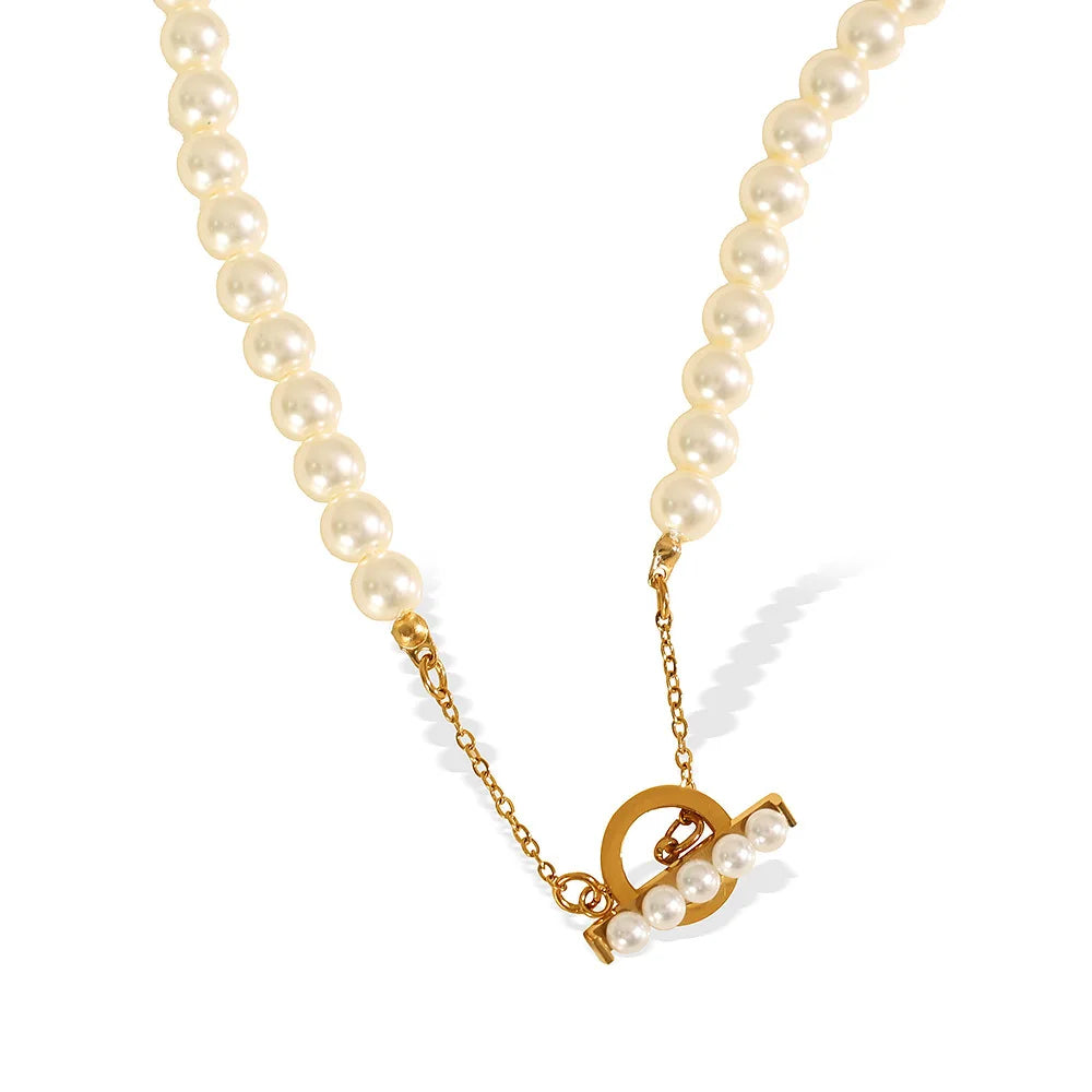 Simple Stainless Steel 18k Gold Plated OT Buckle Pearl Necklace Design Versatile Jewelry YF6073