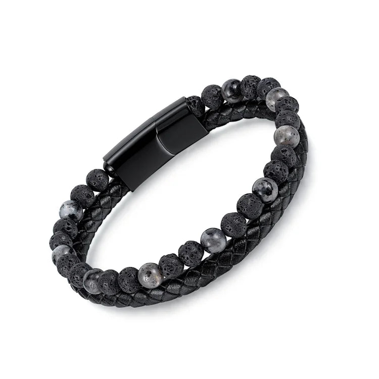 Popular Double Lalyer Bracelet Natural lava Stone Beaded Magnet Leather Bracelets