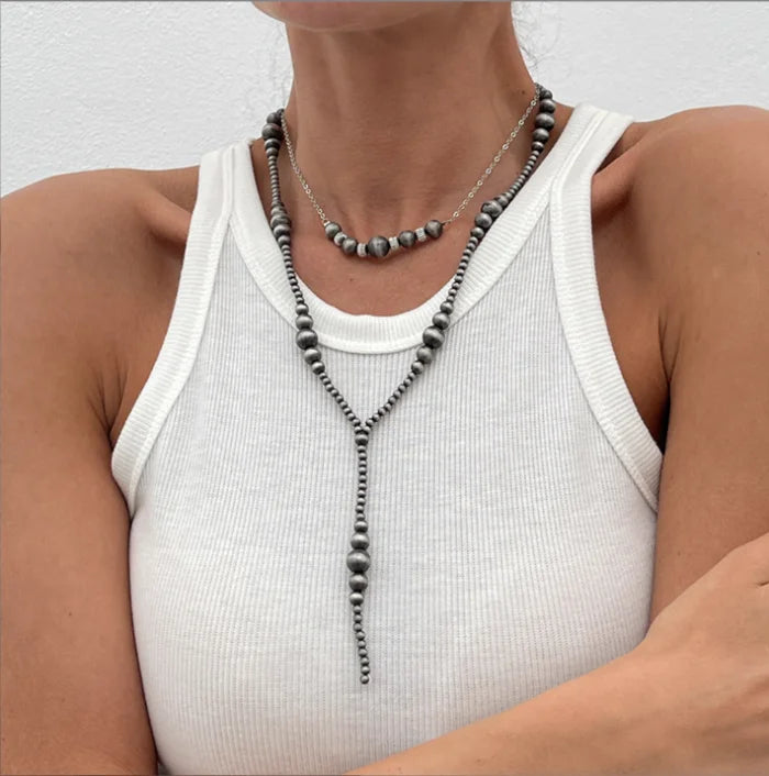 2Pcs/Set Silver Color Metal Clavicle Chain Necklace for Women Boho CCB Beads Long Tassel Pendant Necklace Party Jewelry