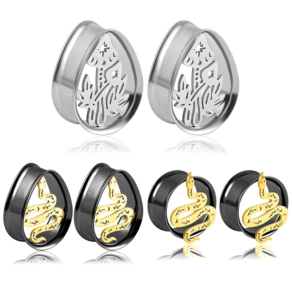 Evorte Gothic Tibetan Silver Classic 18K Gold Plated Teardrop Flower Snake Ear Plug Gauges Weights Hollow Piercing Jewelry