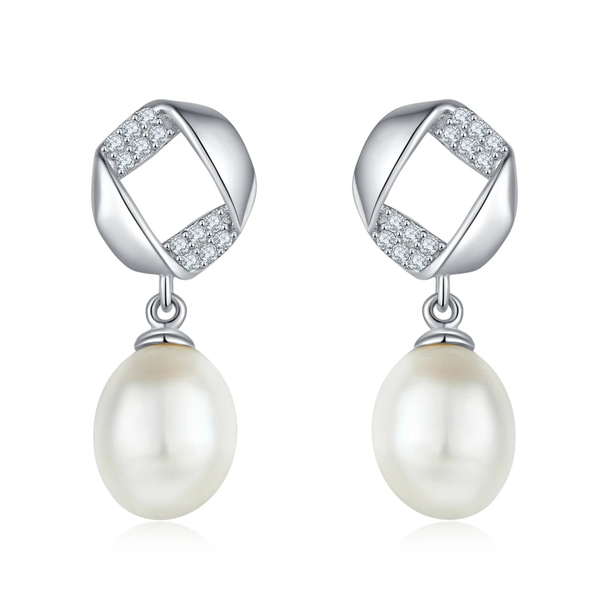 Jewelry Supplier Rhodium Plated 925 Sterling Silver Cubic Zirconia 7.5mm Natural Freshwater Pearls Pendant Earrings