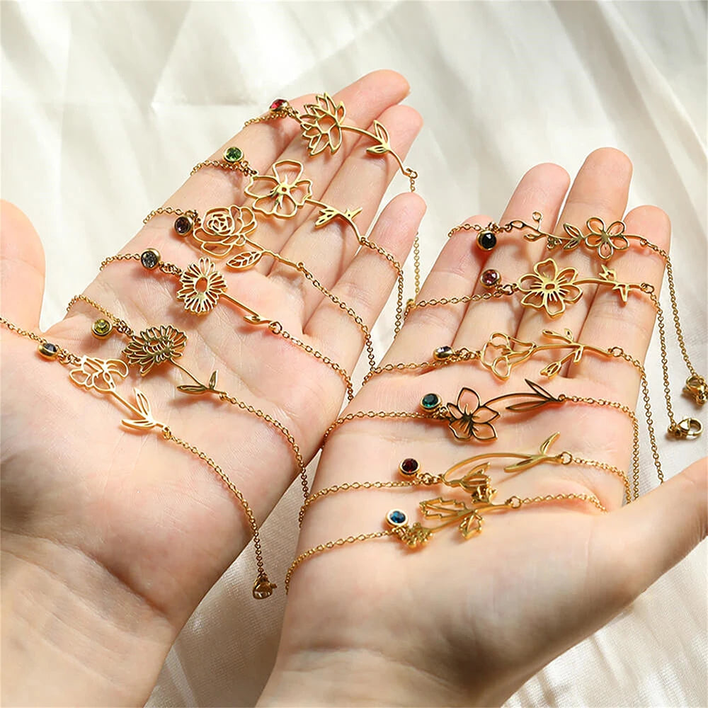 New Fashion Women Birth Flower Bracelet Gold Birthstone 12 Month Bouquet Pendant Floral Jewelry Bijoux En Acier Inoxydable