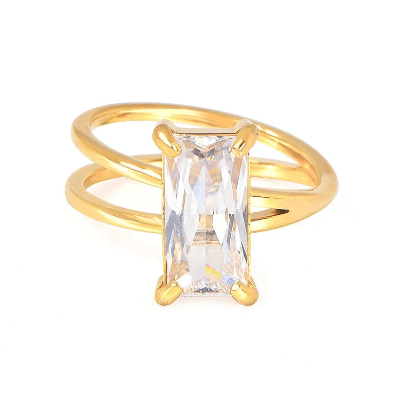 Women Geometric Square Large Crystal Diamond Ring Waterproof Stainless Steel Jewelry Wholesale